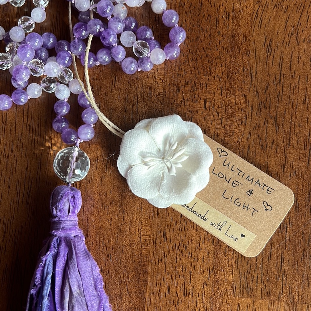 "Ultimate Love & Light": Handmade Cape Amethyst & Clear Quartz Mala